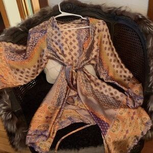 12th Tribe Peach and Lavender Printed Tie-Front Kimono Robe